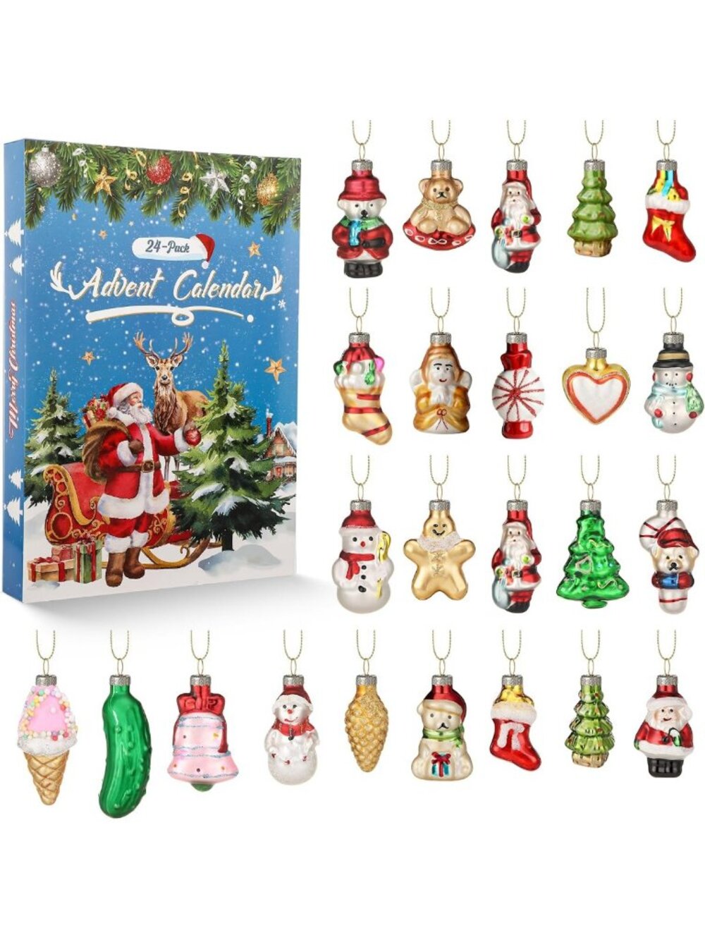 24 Pcs Colorful Glass Christmas Ornaments & Advent Countdown Calendar Set